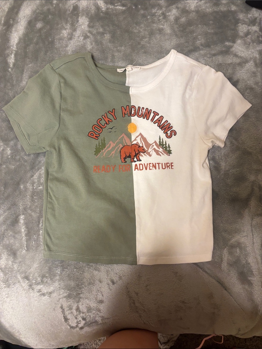 Split Sage Green & White Graphic Crop Tee - 'Rocky Mountains'